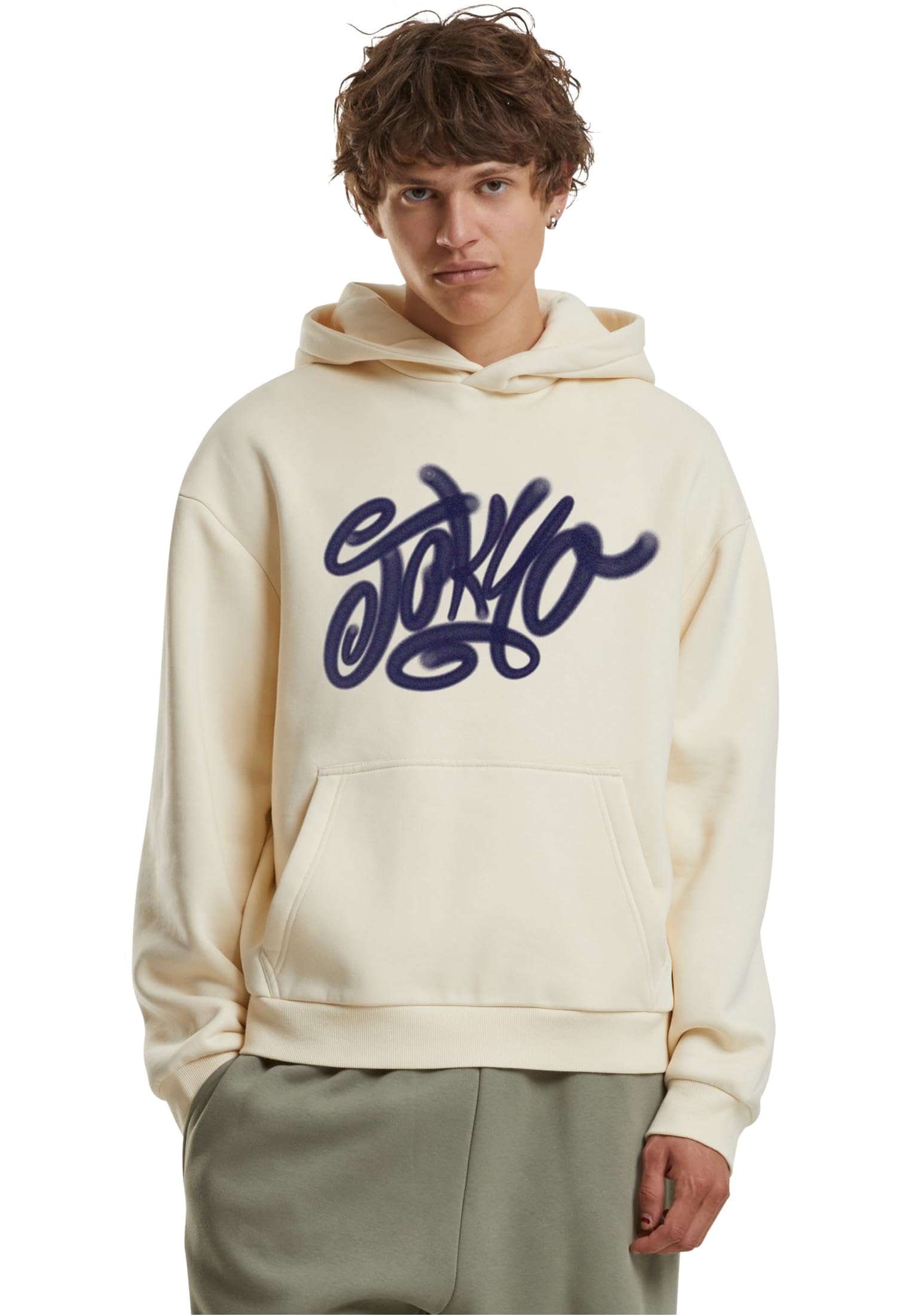 Mister Tee Męska bluza z kapturem Tokyo Tagged Graffiti Fluffy Hoody – Regular Fit bluza z kapturem z wytłoczonym napisem w stylu ulicznym, biały piasek, 4XL