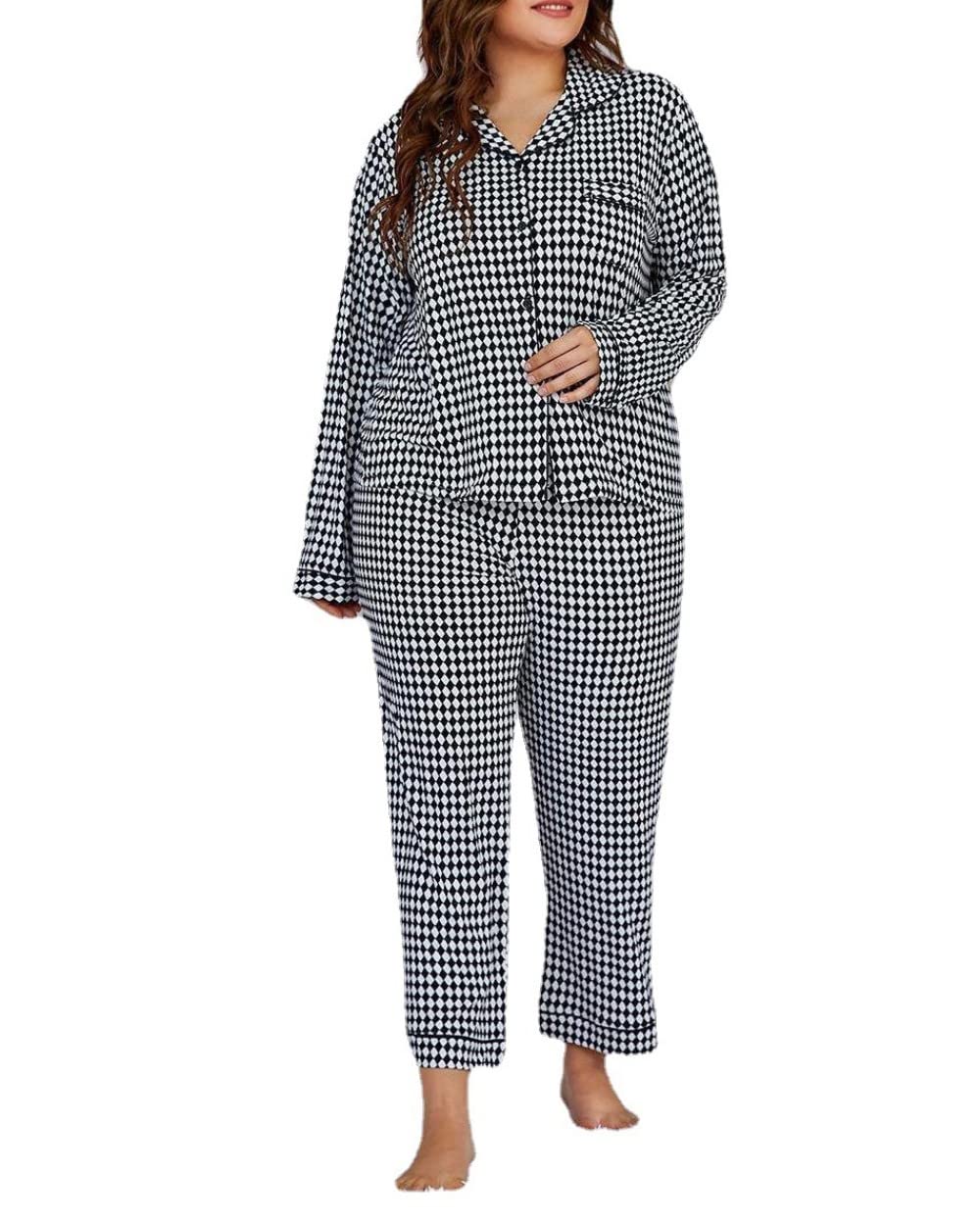 Ensembles De Pyjama Femme,Ensemble De Vêtements De Nuit À Manches Longues en Polyester À Treillis De Grande Taille pour Femme Pyjama Deux Pièces Doux Classique Décontracté Cadeau De Détente P