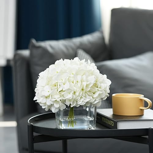 Miniatura 6 de rubystory Hortensias artificiales de seda azul en jarrón con agua sintética, arreglos florales de seda en jarrón para decoración del hogar, mesa de