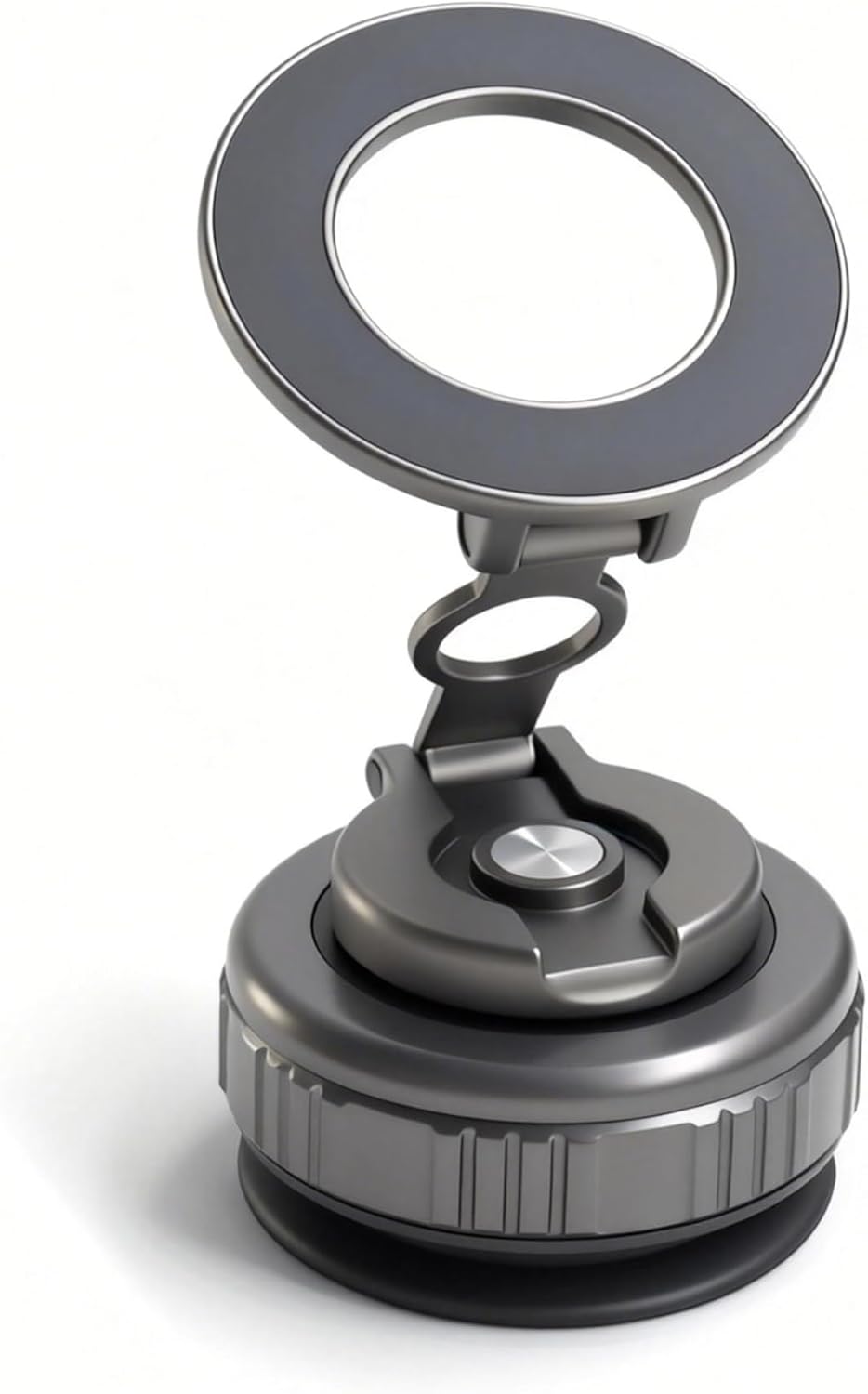 Ultra Secure Car Phone Mount - Vacuum Suction Base, Strong Magnetic Head, Foldable Zinc Alloy Holder for Dashboard/Windshield (Gray)