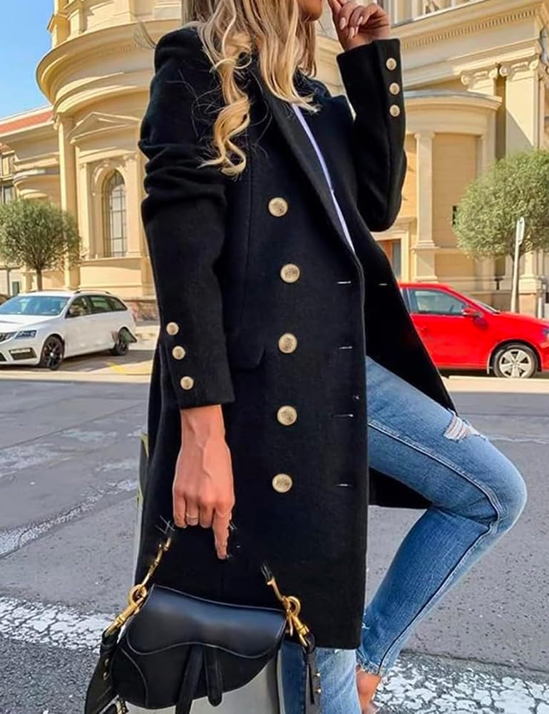 Mywinway Wool Coats for Women Fall Winter Double Breasted Peacoat Long Jackets Midi Trendy Work Office Trench Coat - Image 2