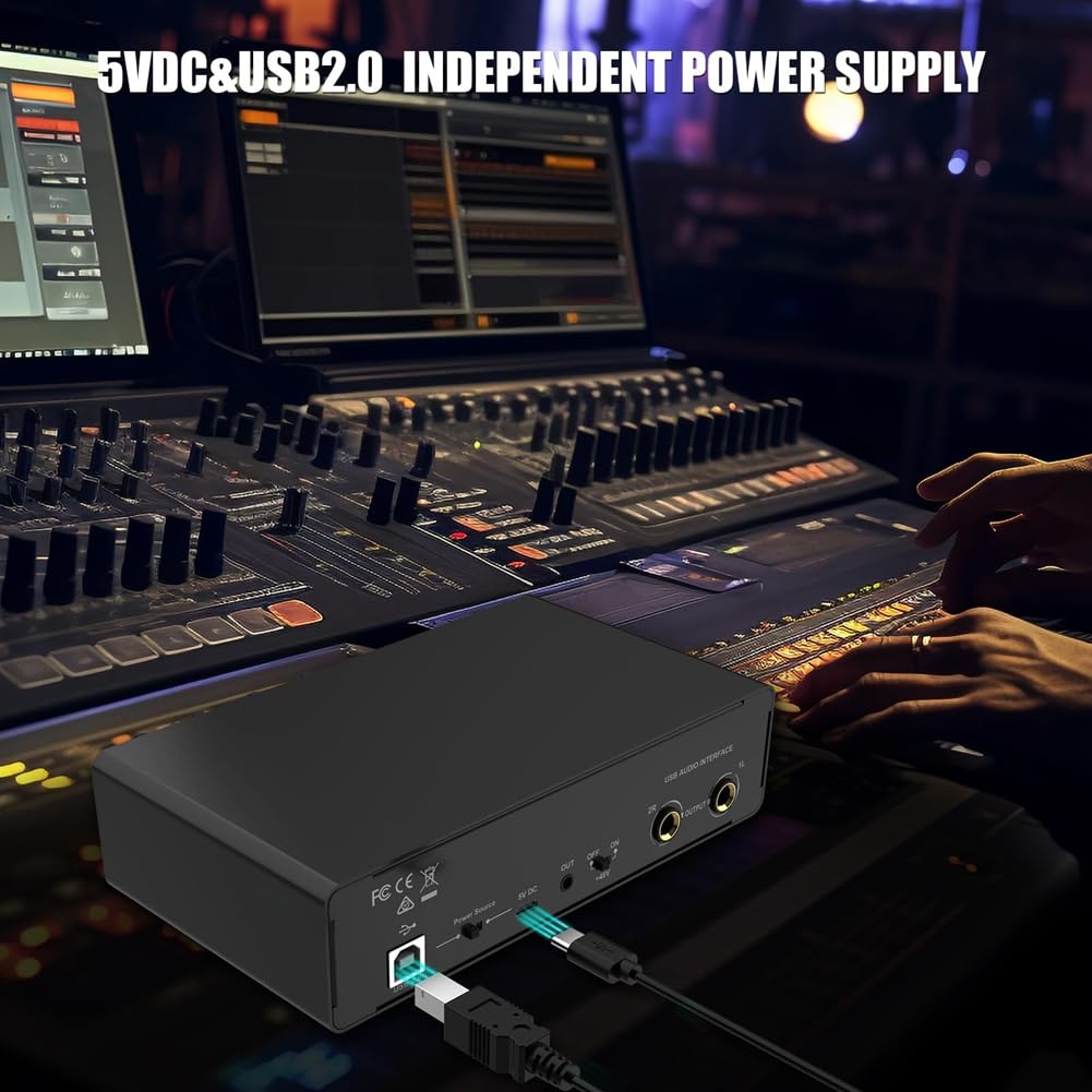 Interfaz de Audio USB, Interfaz de Audio 2 en 2 Salidas con Alimentación Fantasma de 48 V para Grabación, para Guitarrista, Vocalista y Podcaster