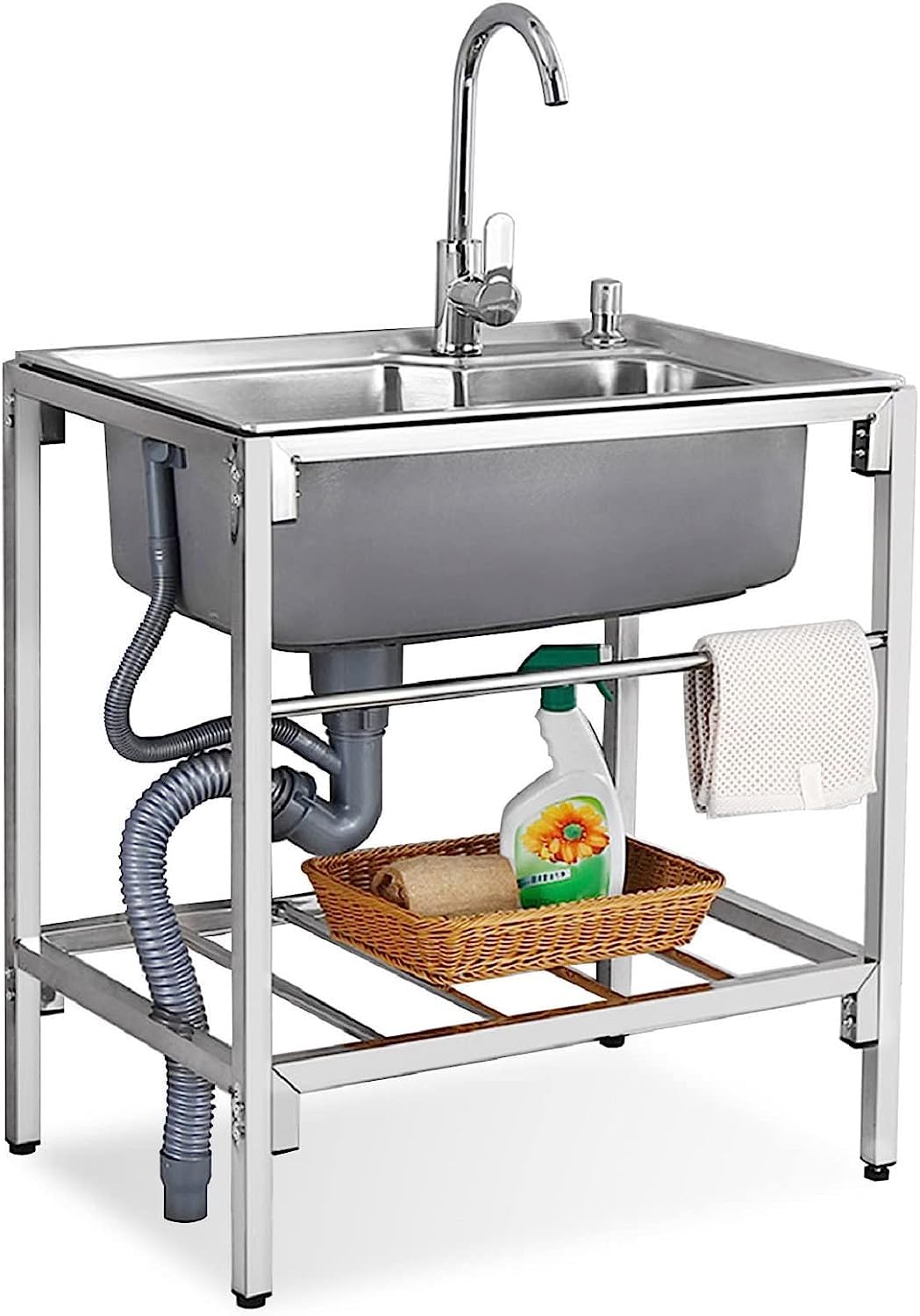 WIQUYBML 71x47x85cm Stainless Steel Commercial Sink - Freestanding Design for Bar or Prep Kitchen, Includes Hot Cold Tap, Drainage Basket & Storage Shelf