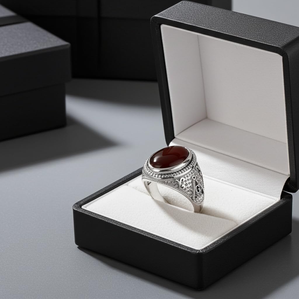 LA BLINGZ Sterling Silver Masonic Red Onyx Statement Ring