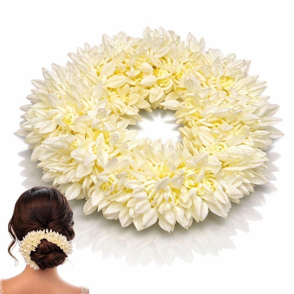1 Pcs Scented Mogra Gajra Hair Accessories For Women & Girls - Hair Flower Bun Artificial Fake Gajra Scrunchies Rubber Band - Premium & Voluminous, White-image-27