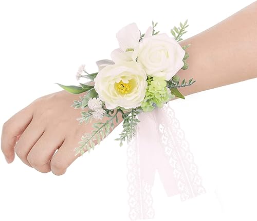 Juego de 6 pulseras de ramillete de graduación, hechas a mano con rosas artificiales blancas y verdes, para decoración de boda, ceremonia,