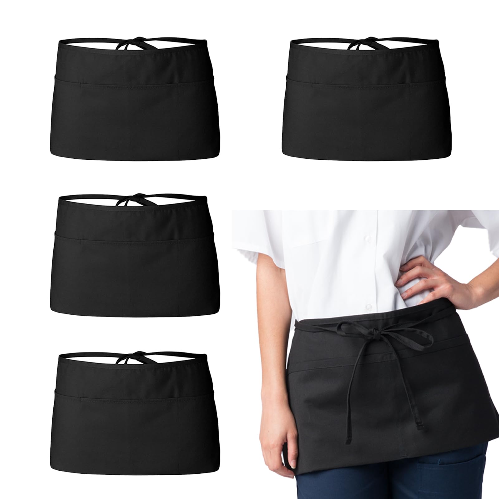 Xumann 4 Pcs Black Half Waitress Apron, Short Cleaning Waist Apron with Pockets for Anti Fouling Cleaning