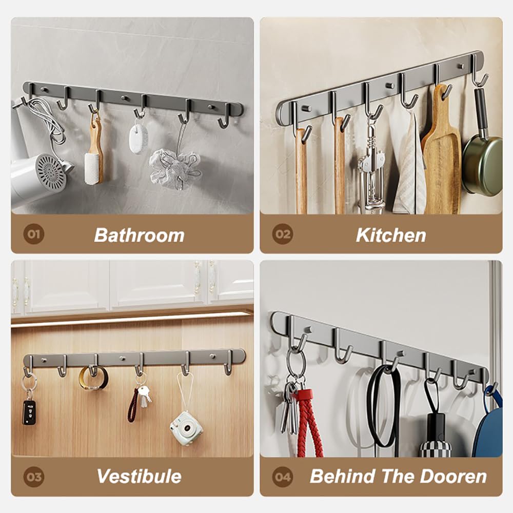 Paquete de 2 ganchos de cocina autoadhesivos de acero inoxidable, barra moderna para colgar utensilios de cocina, sin taladro, ganchos ajustables, elegante diseño gris mate