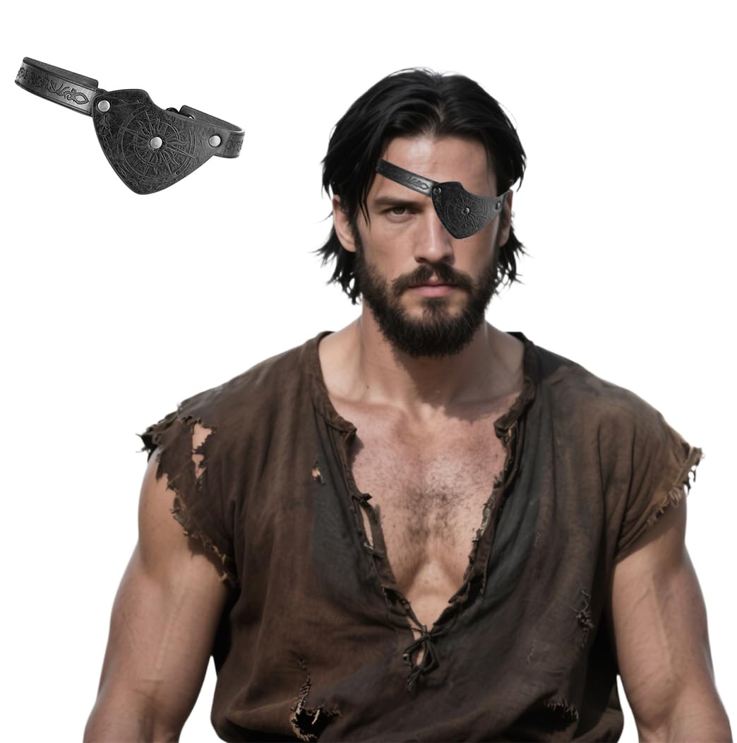 Qchomee Leather Pirate Eye Patch Adjustable Eyepatch for Right Left Eye Vintage Eye Cover Eye Mask Halloween Costume (Black)