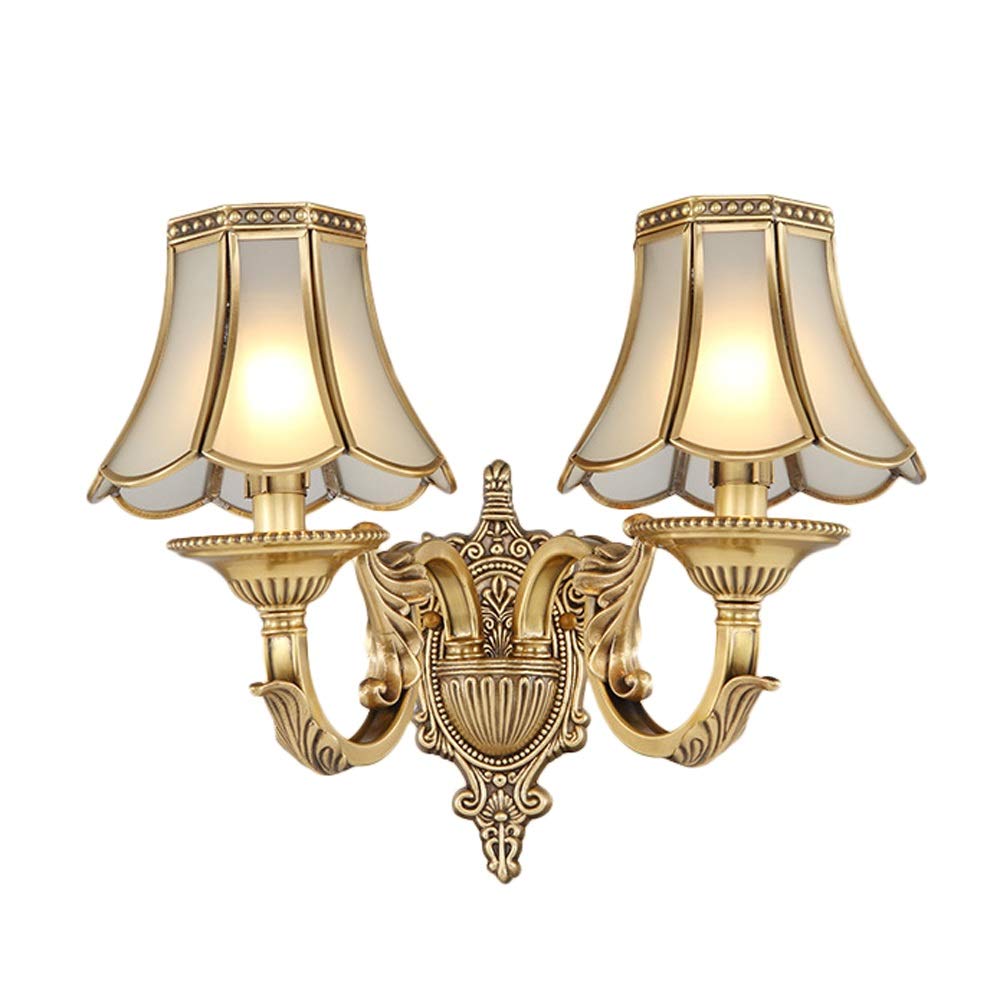 YNIYUJKL Wall Lamp, Copper Lamp 2 Lights,Bedroom Bedside Lamp With Glass Lampshade - European Classical Design E26/E27 Socket Wall Sconce, Interior Lighting Wall Lamp For Li,B