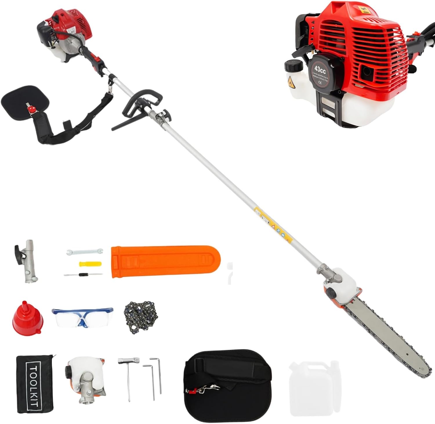 43cc 2 Stroke Gas Pole Saw 12" Gas Trimmer Air-cooled Power Pruner Chainsaw for Tree Trimming with Extendable Pole Multi-Purpose Cordless Chainsaw Tree Trimmer