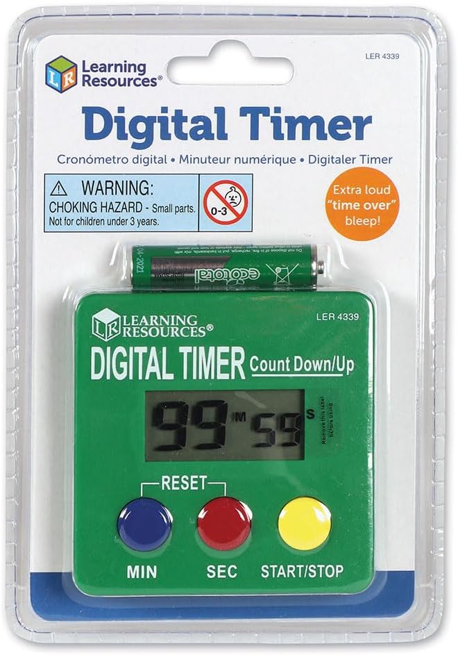 Learning Resources Digital Timer, Count Down/Up, Displays Seconds/Minutes, Ages 5+,Multicolor,2.75 "x 2.75"
