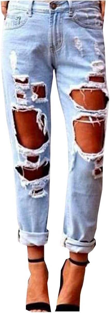 LANMWORN Women Ripped Jeans Big Hole, Boy Friend Denim Pants Distressed Faded Casual Straight Loose Fit Destroyed Style Trousers Blue …