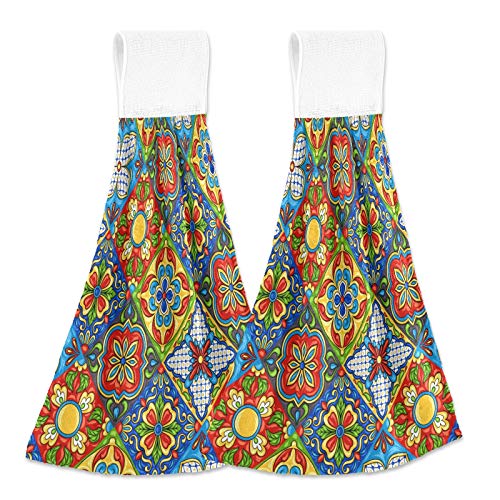 WELLDAY 2 Pcs Hanging Hand Towels Soft Absorbent Mexican Talavera Pattern Towel for Kitchen Bathroom