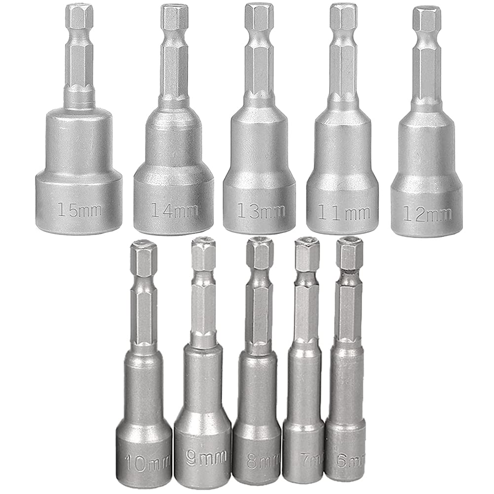 Kigauru 10 Pcs Quick-Change Magnetic Nut Driver Drill Bit Sets 1/4 inch Hex Shank 6-15mm Chrome-Vanadium Steel 65mm/2.5 Inch Length Metric Socket