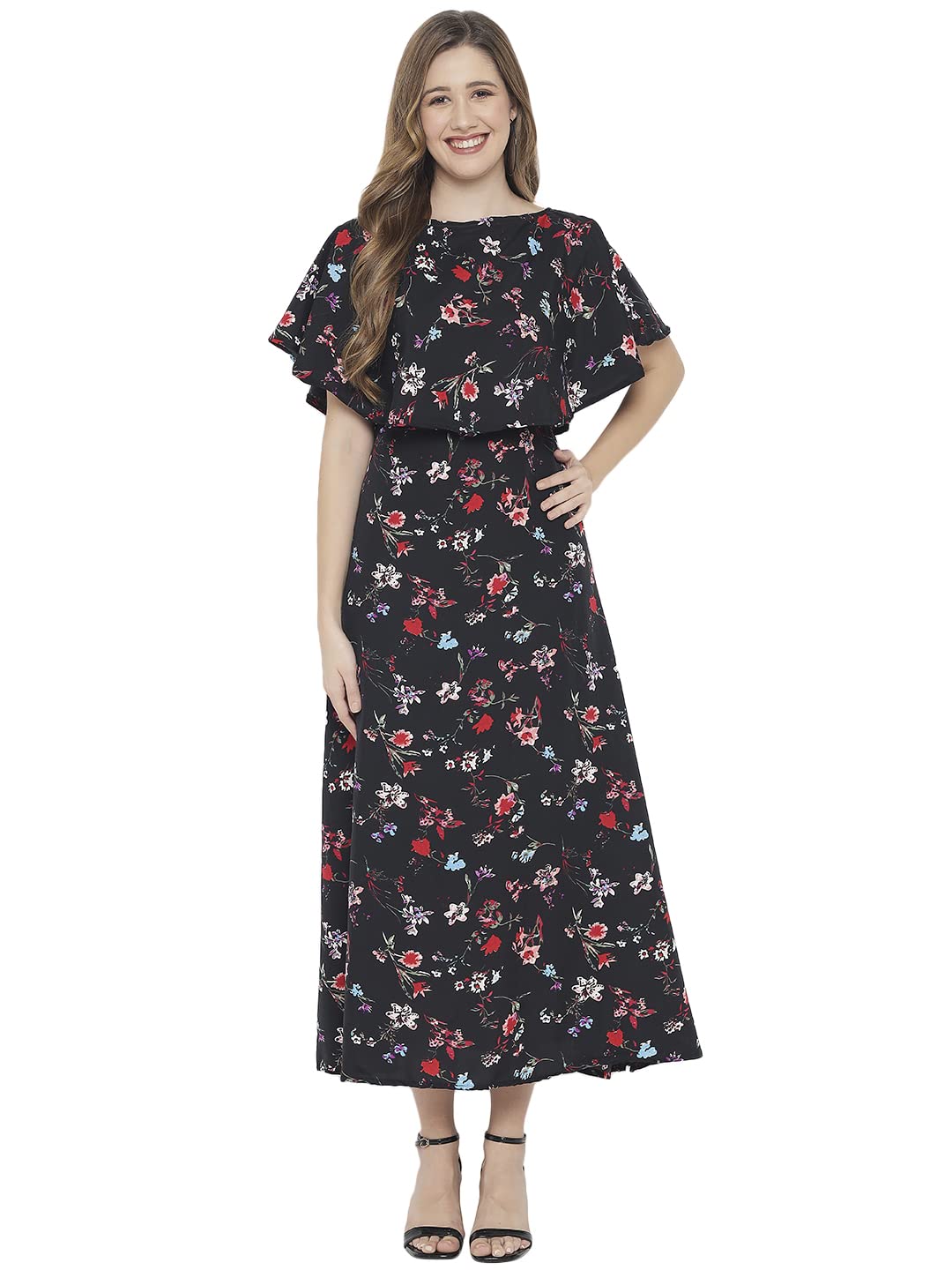 “Indietoga Women’s Floral Print Fit and Flare Long Cape Maxi Dress (Sizes 10XL)” – Elegant and Stylish Dress for All Sizes!