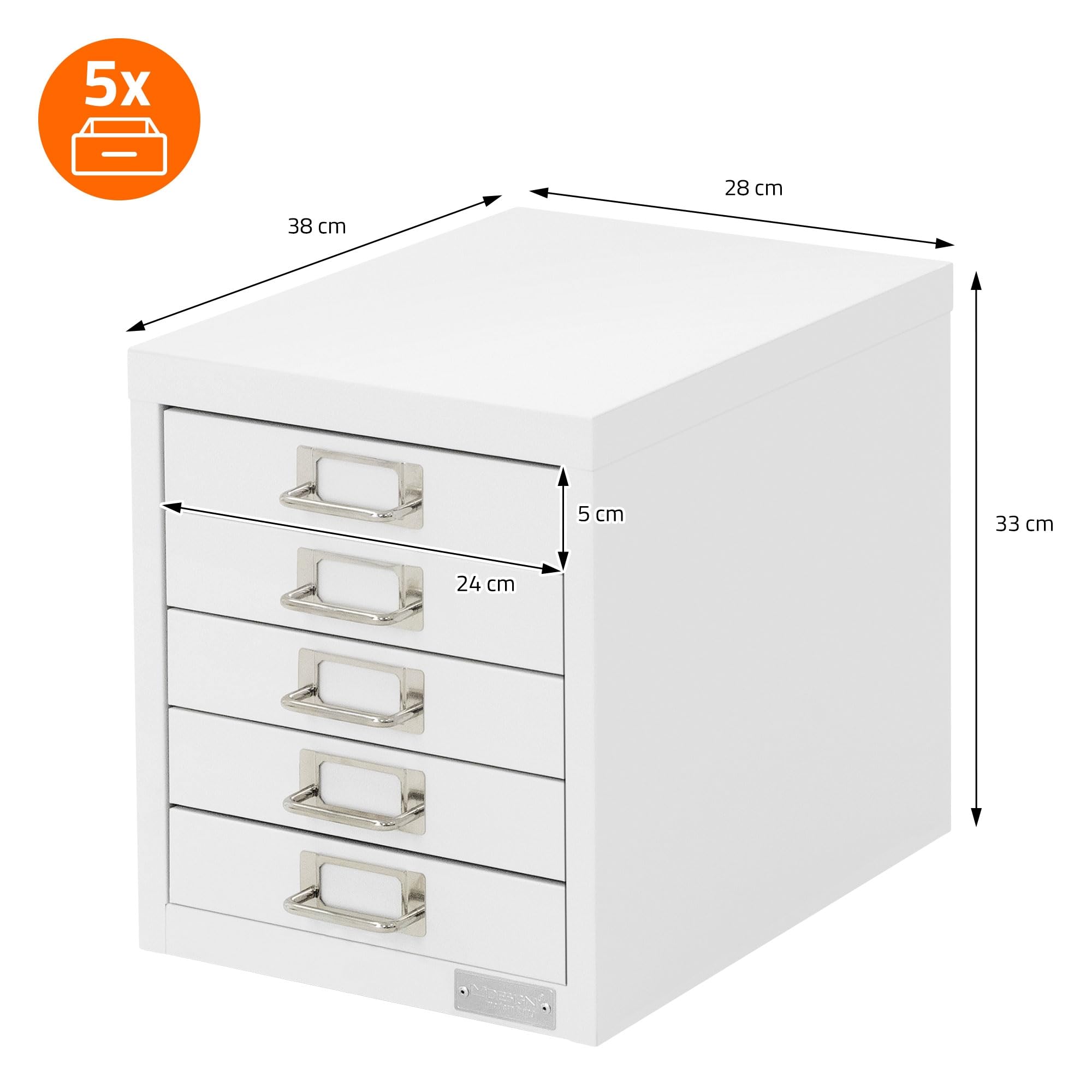 ML-Design Armadio per Archiviazione con 5 Cassetti 28x38x33 cm Bianco Cassettiera in Metallo per DIN A4 Schedario per Ufficio con Portaetichette Armadietto in Acciaio Portautensili Portaoggetti