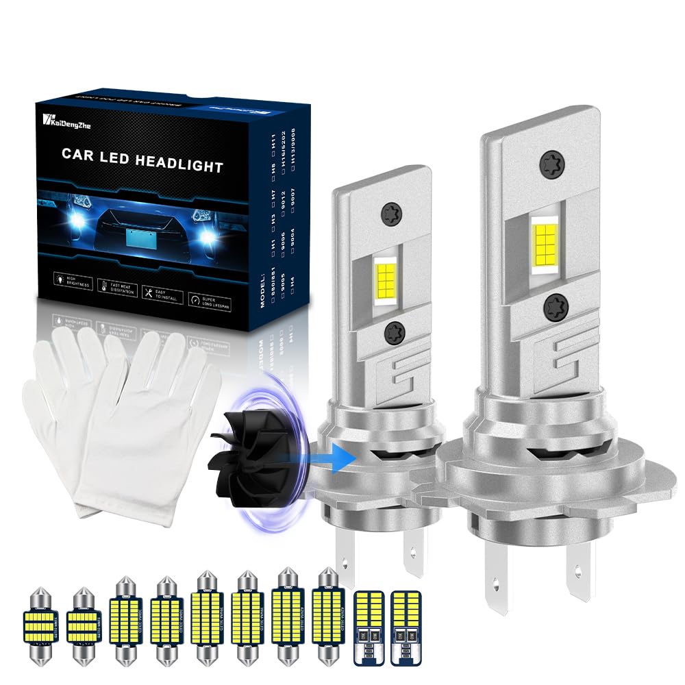 KaiDengZhe H7 LED Headlight Bulb, 2025 Newest 600% Brighter H7 LED Bulb Plug and Play All-in-One Mini 28000LM 120W 6500K Car High/Low Beam Headlight with Turbofan with Interior Festoon Light Kit H7 Mini LED