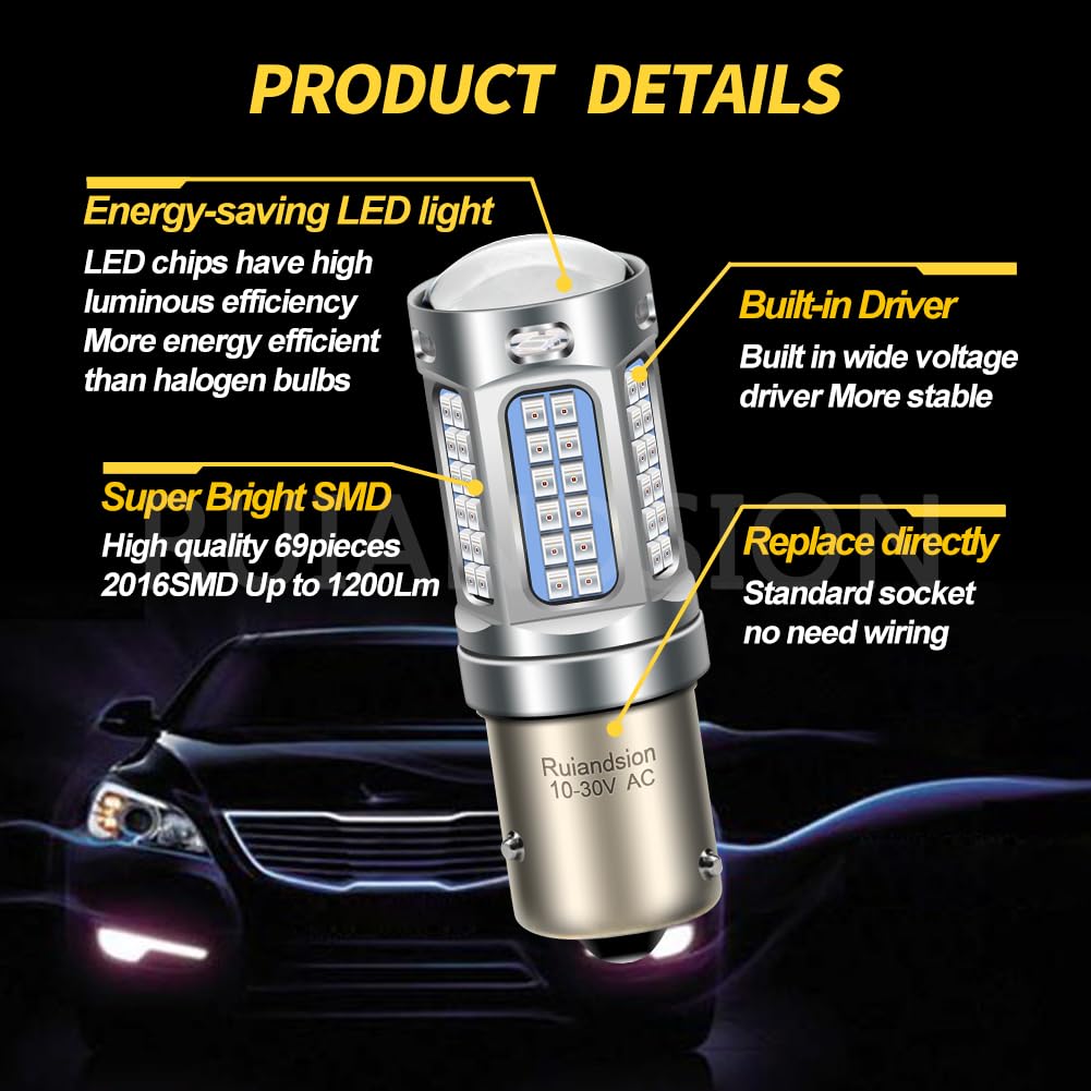 Ruiandsion BAW15S Ampoule LED Super Lumineuse 2016 69 Chipsets à DEL AC 10-30V Sans Polarité 1200LM Rouge Remplacement pour le feu de recul, le feu de signalisation et le feu de queue Paquet de 2
