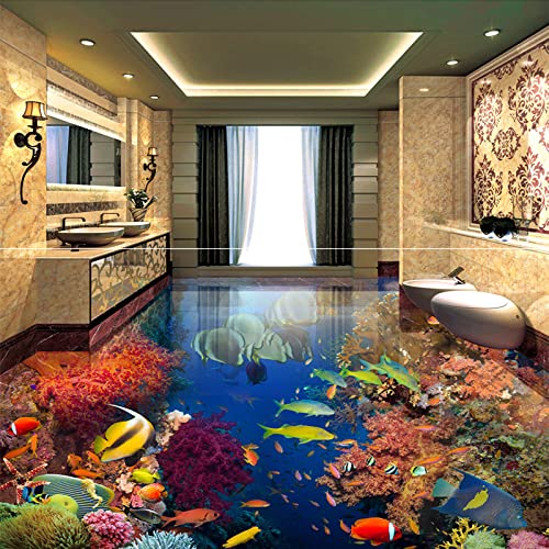 3D Calcomanías De Pared Mural De Suel Suelo Vinilo Autoadhesivo Papel Pintado De Murales De Suelo 3D Pintura De Piso De Baño 3D Del Mundo Submarino De Peces Tropicales 3D