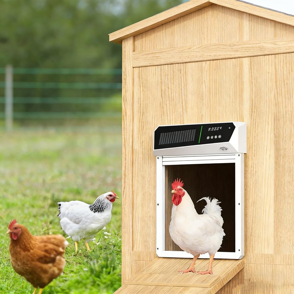 Puerta automática de gallinero con energía solar, diseño de aluminio resistente a la intemperie, temporizador, detección de luz y modos de control remoto para uso en granja y exteriores