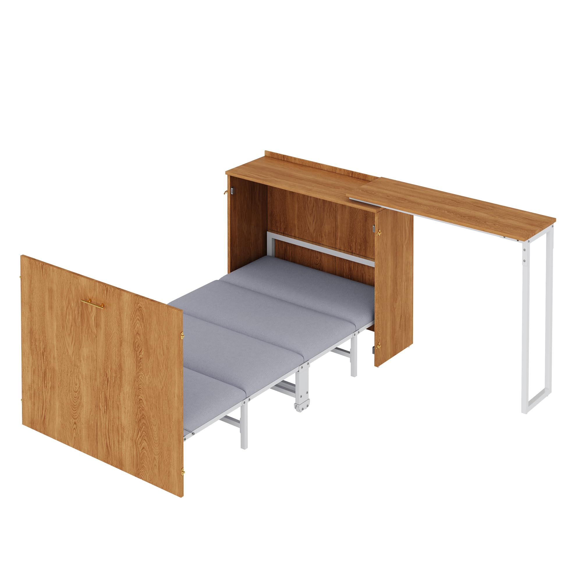 Merax Klappbett 90x200 cm, mit drehbarem Schreibtisch & Matratze, platzsparendes Schrankbett mit Rollen, faltbares Wandbett für kleine Räume, Gästezimmer & Homeoffice, inkl. Matratze