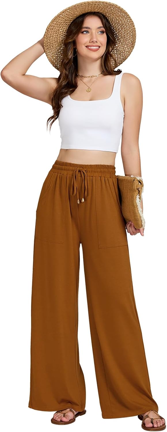 Womens Wide Leg Pants Elastic Waisted Casual Palazzo Pant Travel Vacation Beach Trousers with Pockets - Image 5