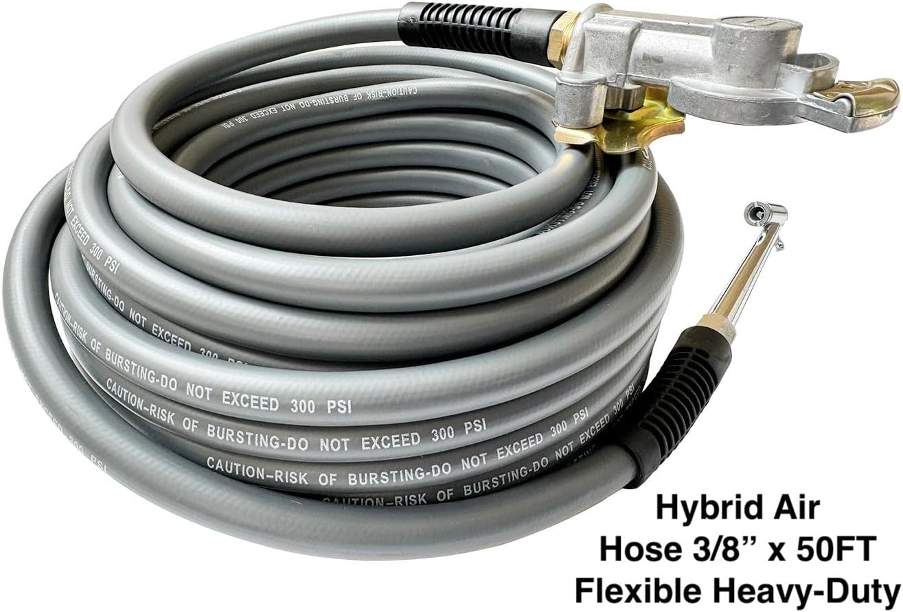 SANFU Truck Tire Inflator Kit 3/8" x 50 Ft Hybird Air Hose, 1/4" Chuck and 1/2" NPT Universal Gladhand Connection for Semi Truck,Gray