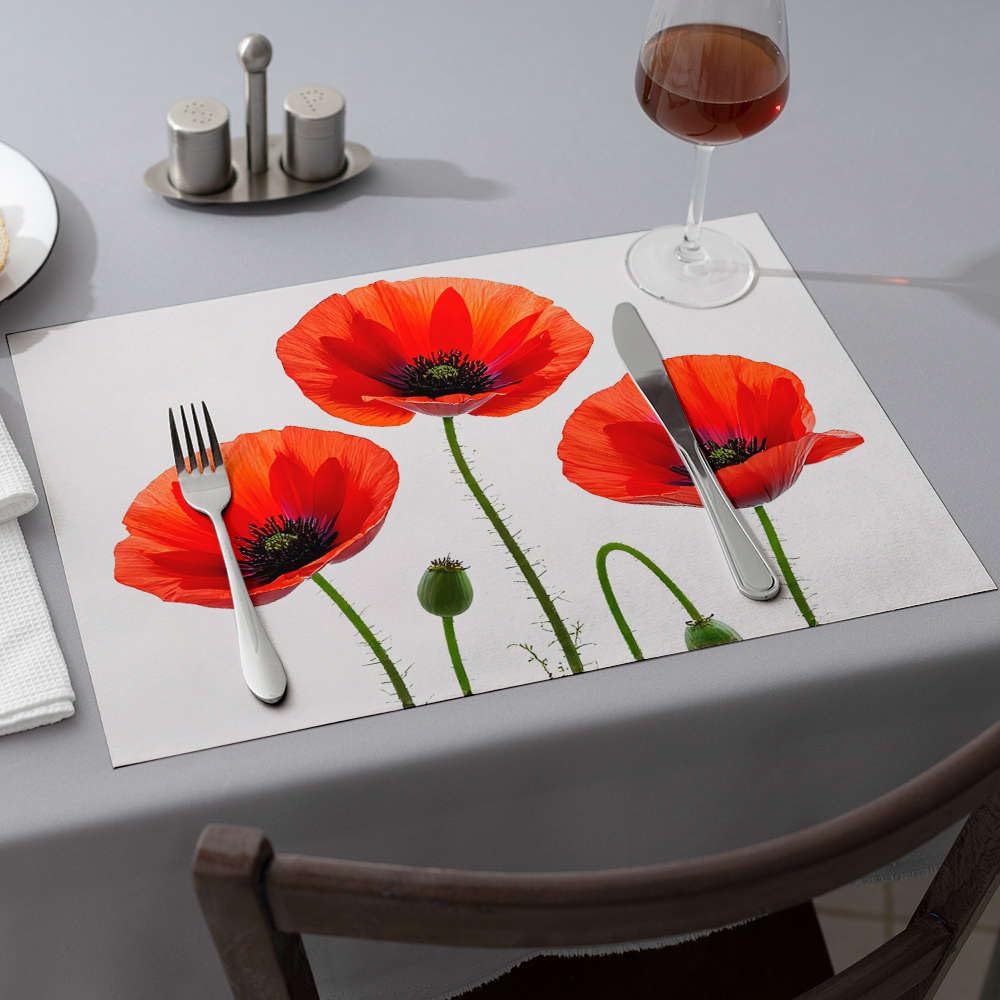 Nappe coquelicots rouges haut de gamme avec sets de table bleus