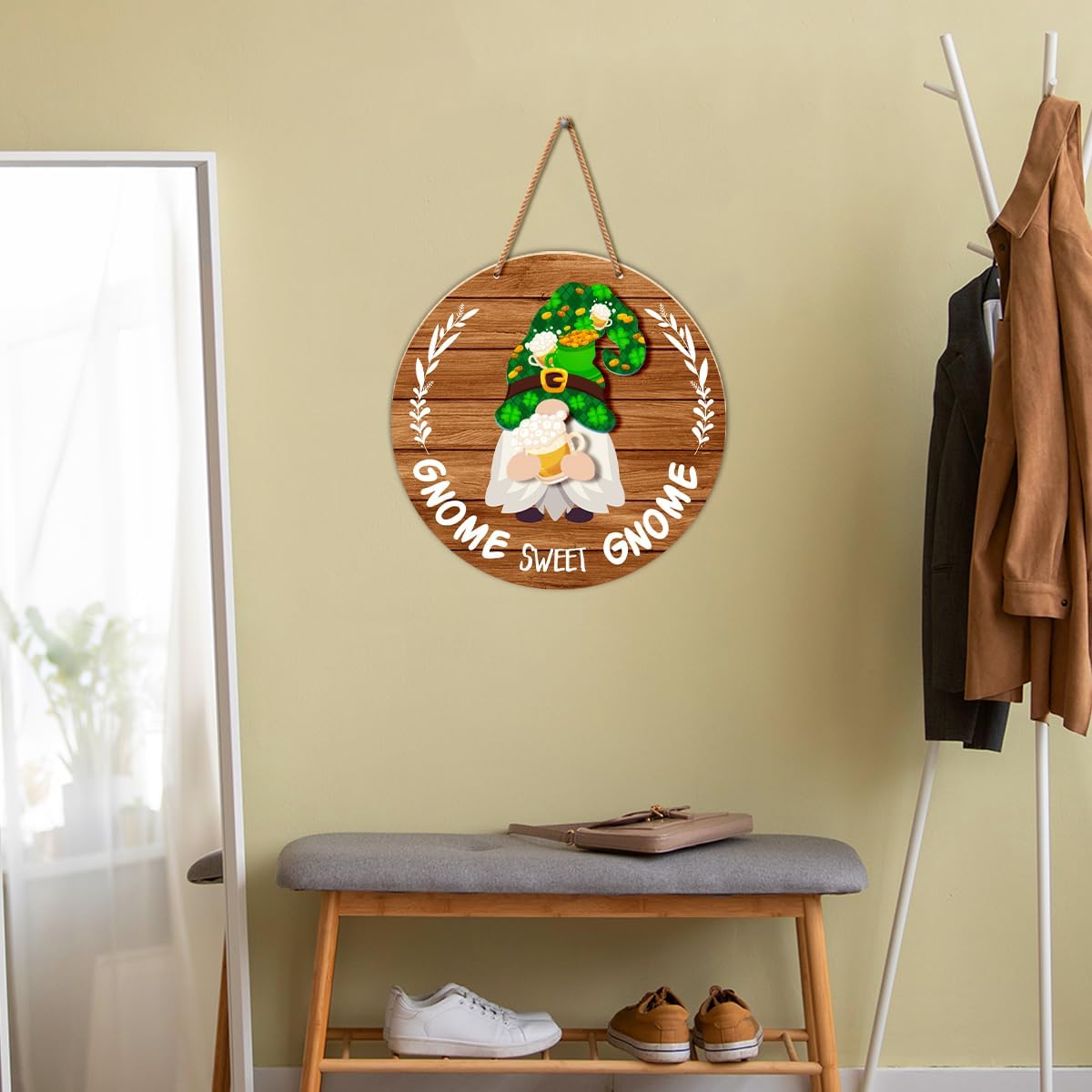Interchangeable Gnome Welcome Sign St. Patrick's Day Door Decorations, Changeable Seasonal Front Porch Decor Wood Wreath Gnomes Gifts for Spring Summer Fall Winter All Seasons Holiday, Light Brown - Image 5