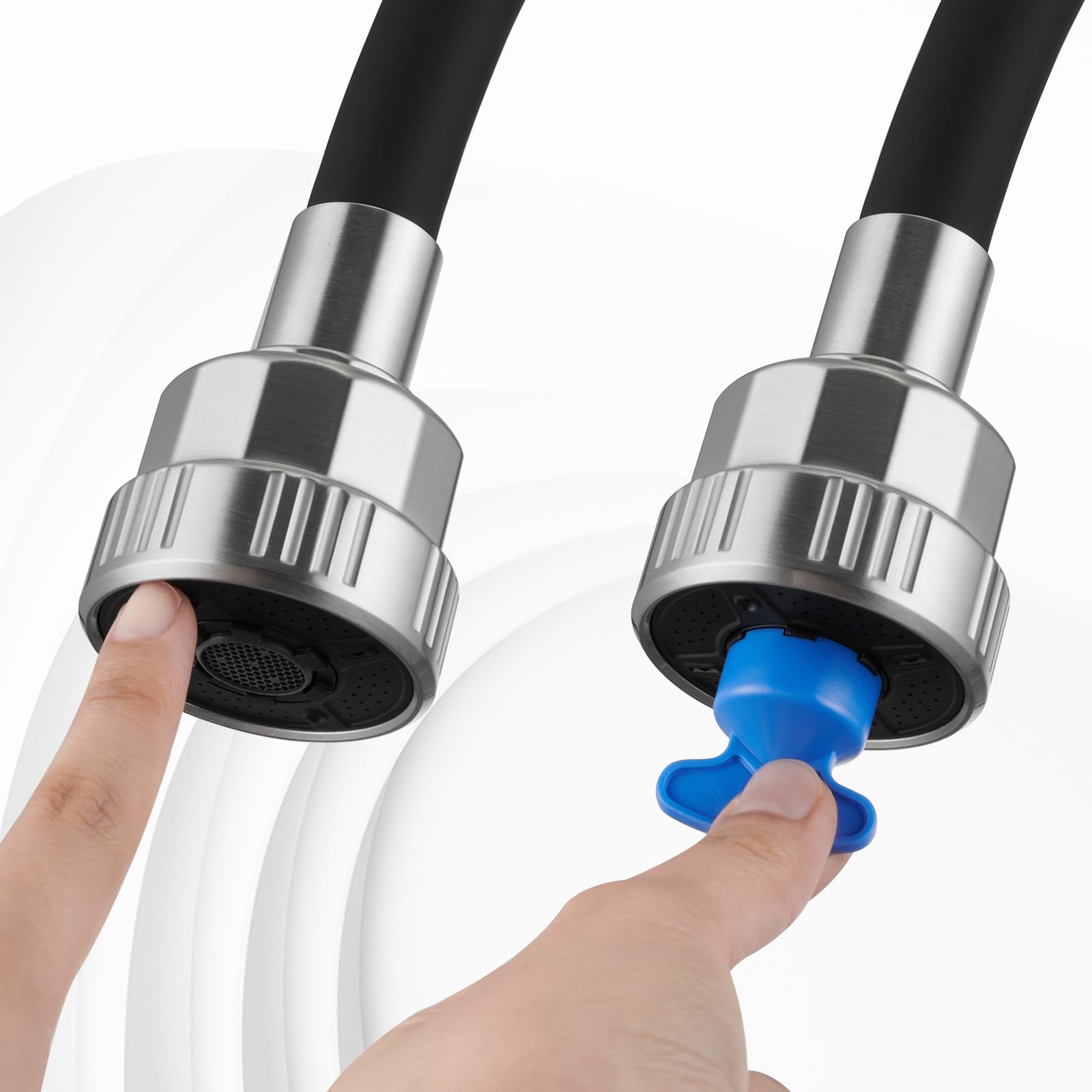 CREA Grifo Cocina Pared Mezclador Monomando Flexible 360° con Pulverizador de Cuatro Función Palanca, Grifo para Fregadero de Cocina con Manguera de Silicona Negra, Acero Inoxidable Cepillado