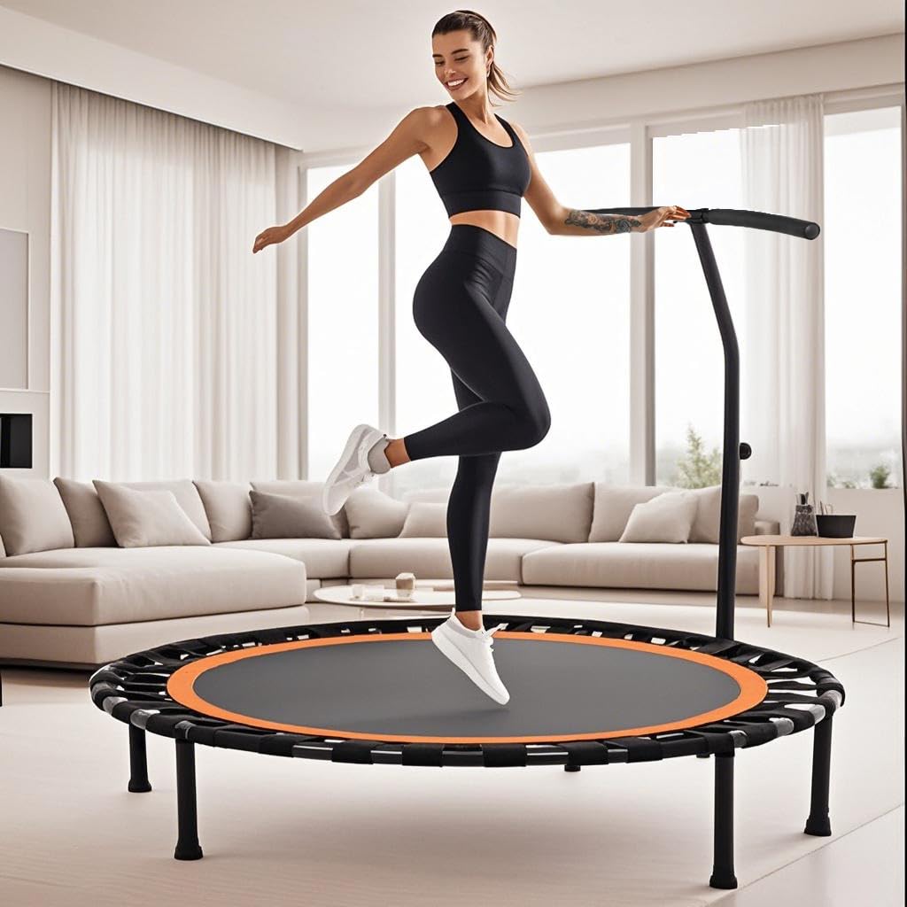 50” Foldable Mini Trampoline for Adults, 330 LBS Bungee Rebounder Trampoline Indoor/Outdoor with T Shape Adjustable Foam Handle, Stable, Quiet Exercise Workout Equipment for Home Gym