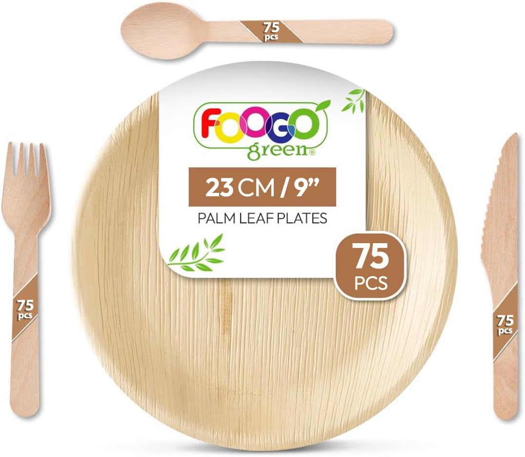 FOOGO Green 300pcs Palm Leaf Plates and Cutlery Set, Round