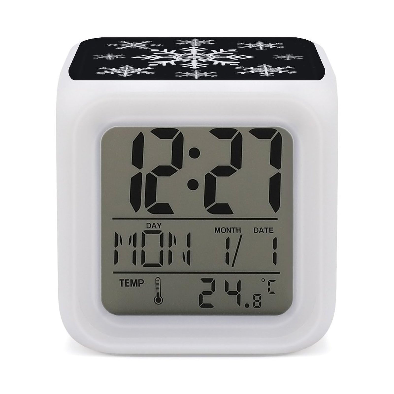 7 Color Ambient Night Light Cube Battery Operated White Snowflake Digital Clock with Snooze Temperature LED Digital Alarm Clocks Dimmable Wake Up Light Portable Mood Lamp for Bedroom Desk Gift