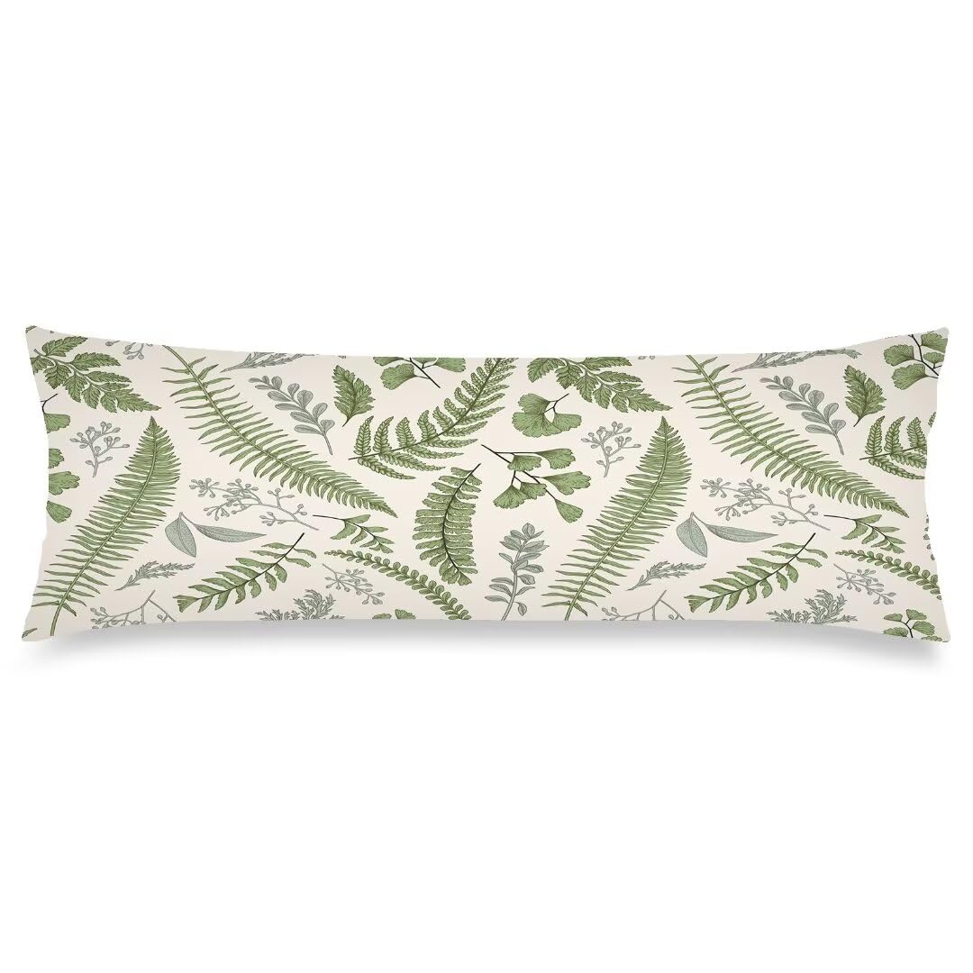 Sage Green Body Pillow Cover 20x54 Pillow Case,Leaves Tropical Plant Leaf Botanical Vintage Floral Cushion Long Pillowcase with Zipper Decorative Soft