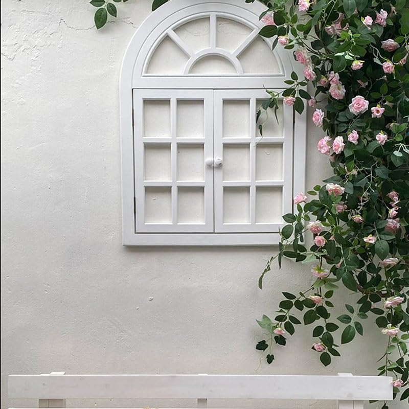 Marco Ventana Madera con Puertas Abatibles, Decoración Pared Rústica(Blanco)