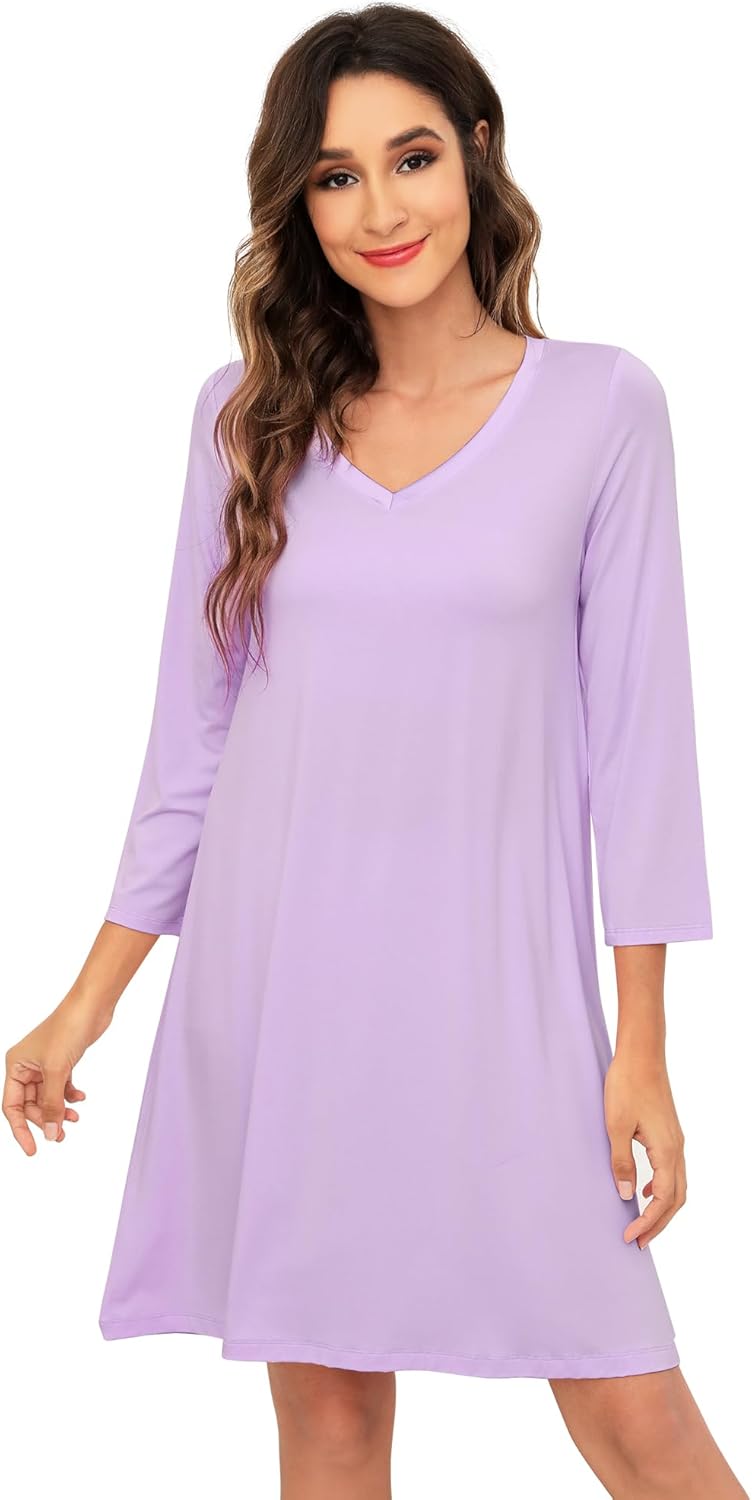 WiWi Nightgowns for Women Bamboo Viscose Cooling Sleepwear Super Soft Satin V Neck Sleepshirts Long Sleeve Nightshirt S-4X