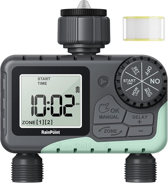RAINPOINT Water Timer,Sprinkler Timer Programmable with 2 Independent Controlled Outlets,Garden Hose Timer Outdoor with Rain Delay/Manual/Auto Watering System,Leakproof Irrigation Timer for Lawns Pool