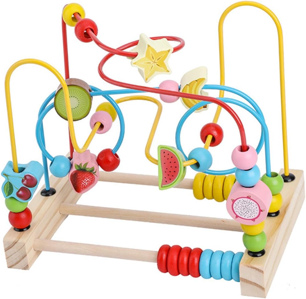 BESPORTBLE Early Educational Round Bead Maze for Years Hand-Eye Coordination Development Safe Non-Toxic Wooden Fruit Pattern Plaything with Stable Thick Base Random Color Random Color