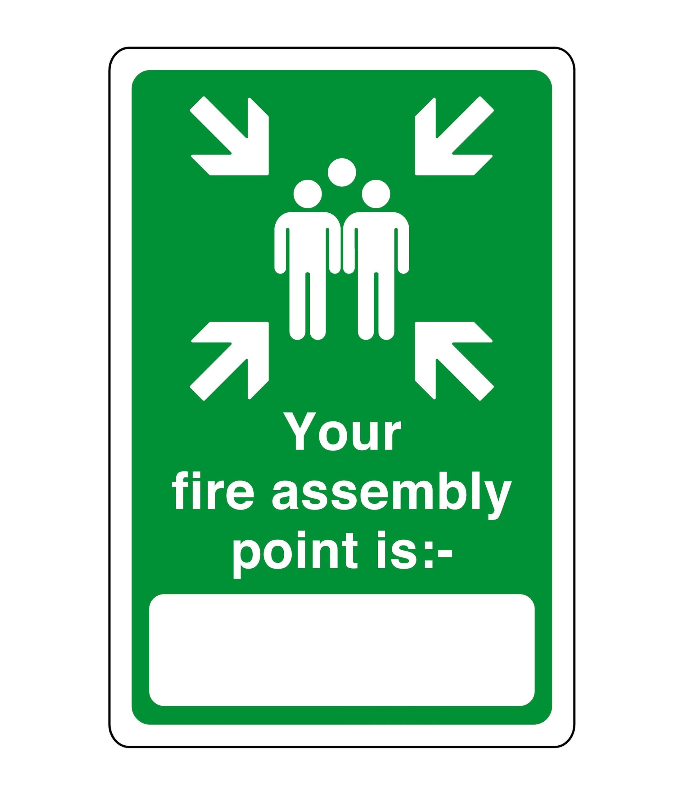 Your fire assembly point is " white box " - safety sign - 1.2mm Rigid plastic for indoor/outdoor usage (200mm x 150mm) Viewing Distance within 5m.