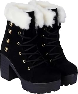Shireen Women’s Black Suede Platform Ankle Boots – Lace-Up High Heel Booties with Faux Fur Collar & Chunky Tread Sole, Par... Price In India