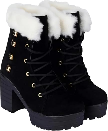 Shireen Women’s Black Suede Platform Ankle Boots – Lace-Up High Heel Booties with Faux Fur Collar & Chunky Tread Sole, Par...