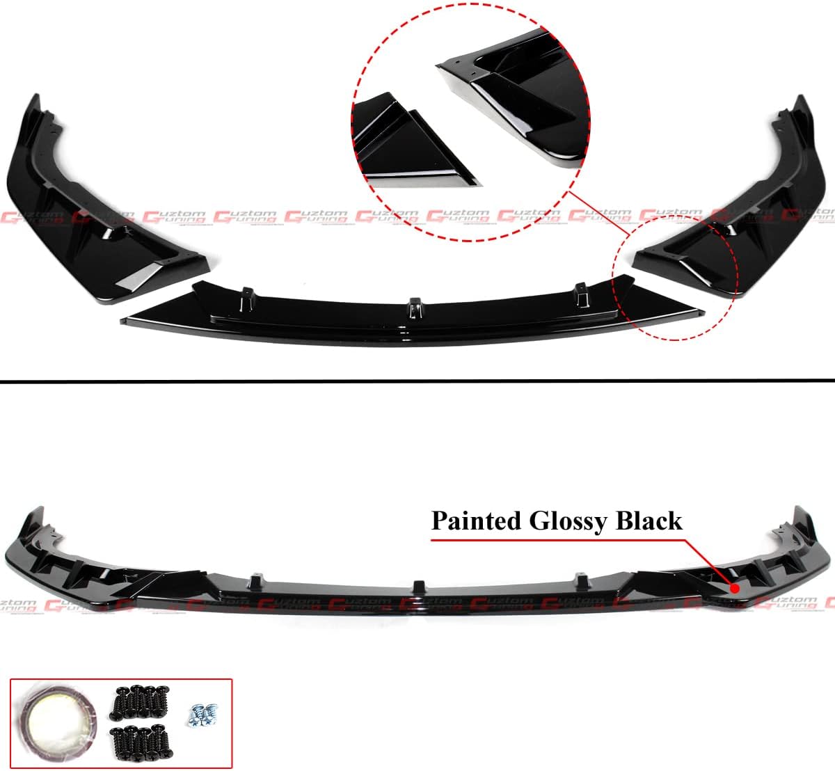 V2 JDM 3PC GT Style Painted Gloss Black Front Bumper Lip Splitter Kit Compatible for 2021 2022 Honda Accord EX LX Touring Sport All Models