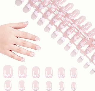 SIUSIO 120pcs 5 Pack Children Acrylic Fake Nails Press on Full Cover Pink Purple Gradient French Tips Short False Nail Art Kits Set Christmas Gift for Kids Little Girls Women - Sweet Bow
