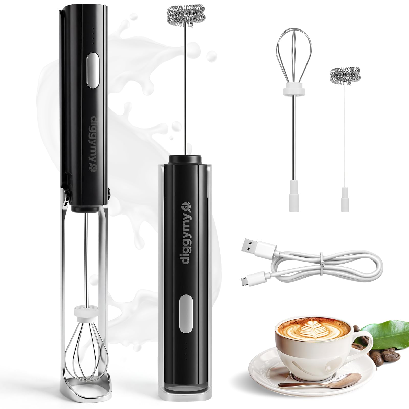 2-in-1 Rechargeable Milk Frother, 1200mAh 3-Speed Dual Whisk with Stand