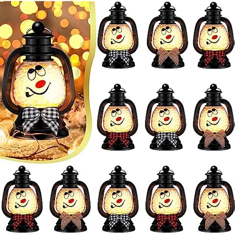 ROCEEI Snowman Mini Lantern Winter Lanterns Decorative with Flickering LED Candles Buffalo Plaid Bow Small Winter Portable Tabletop Centerpiece for Christmas Tree Indoor Outdoor Party Decor(12 Pcs) Cover