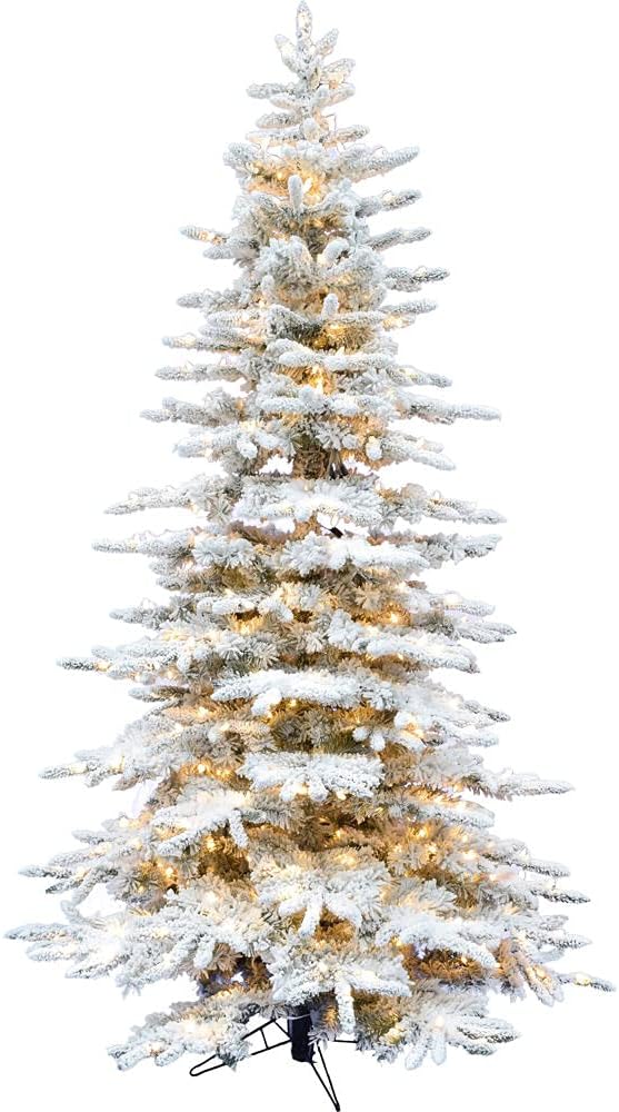 Fraser Hill Farm Pine Valley Flocked Christmas Tree, 9 Feet Tall, Includes White Incandescent Smart Lights with Easy to Connect Features, Artificial Modern Xmas Perfect Decor for The Home Clear Smart String Lighting 9ft
