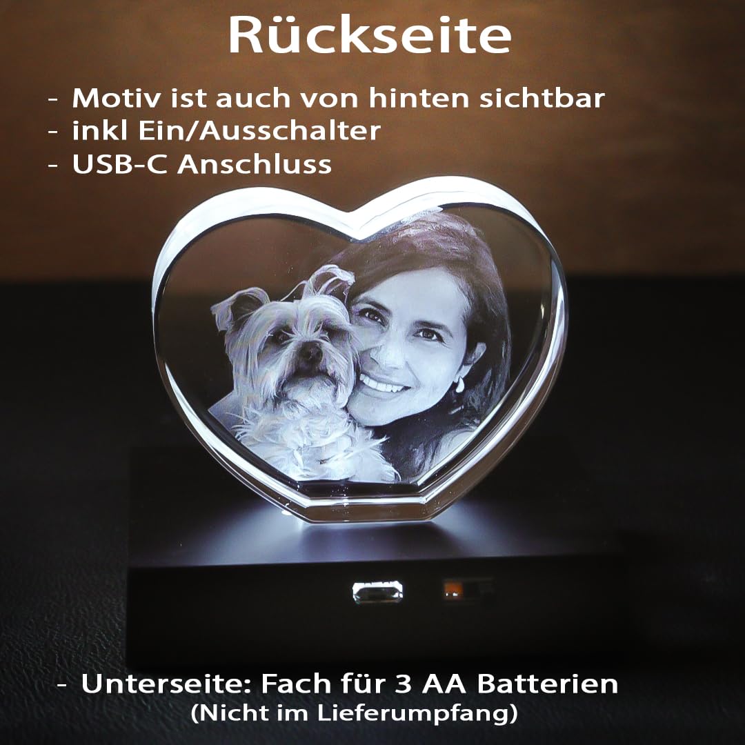 contento – 3D Glasherz – personalisiertes Glasfoto mit 3D Lasergravur im Kristallglas – Geschenkidee für Weihnachten, Valentinstag, Jahrestag, Geburtstag Größe: S 110x100x35 inkl. Leuchtsockel