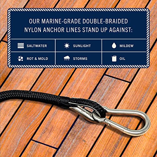 Rainier Supply Co. Boat Anchor Line - 150 Ft X 3/8 Inch Anchor Rope - Double Braided Nylon Anchor Boat Rope With 316Ss Thimble And Heavy Duty Marine Grade Snap Hook - Black #TOP2