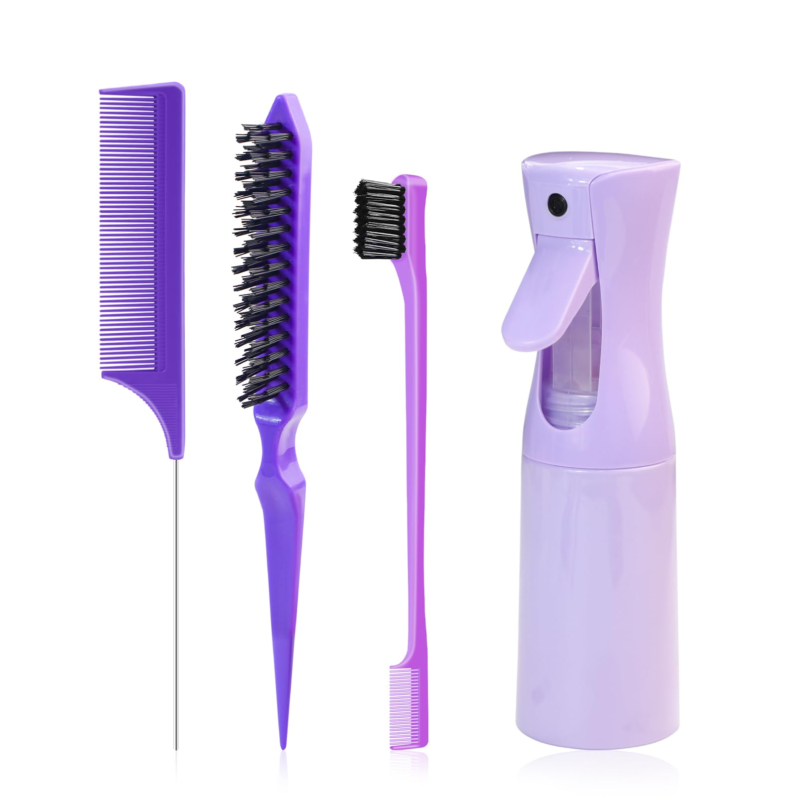 DUAIU Slick Back Hair Brush for Women, 4 Pcs Hair Brush Set with Mist Spray Bottle 6.8 OZ/200 ML, Rat Tail Comb, Edge Brush, Teasing Comb Hair Styling Tools Comb Set